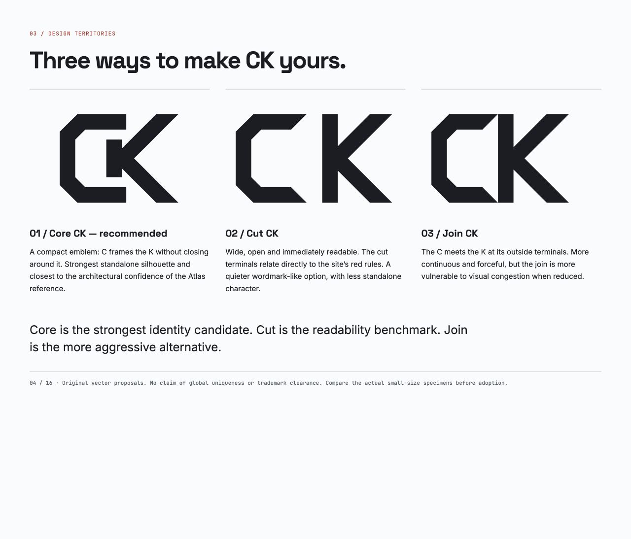 Original CK comparison sheet showing Core, Cut and Join