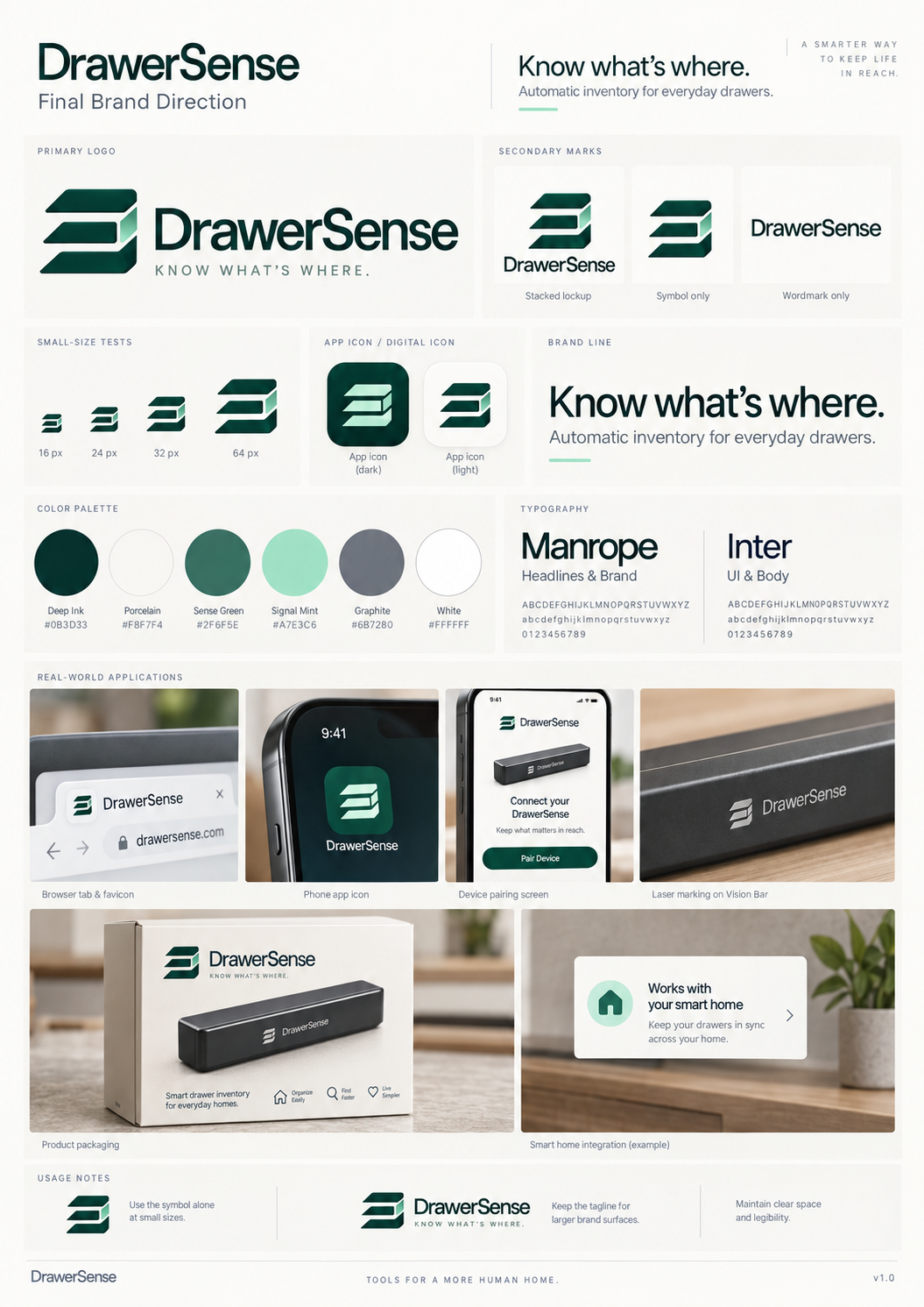 Original DrawerSense brand board showing its drawer symbol, wordmark, palette, typography and application mockups