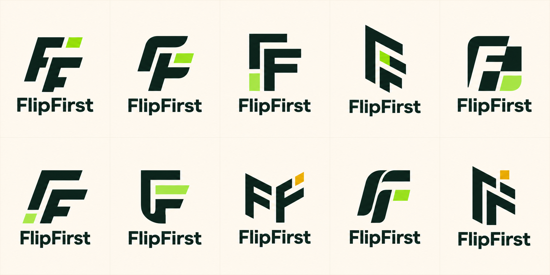 Original FlipFirst concept board with ten forest-green and lime logo explorations