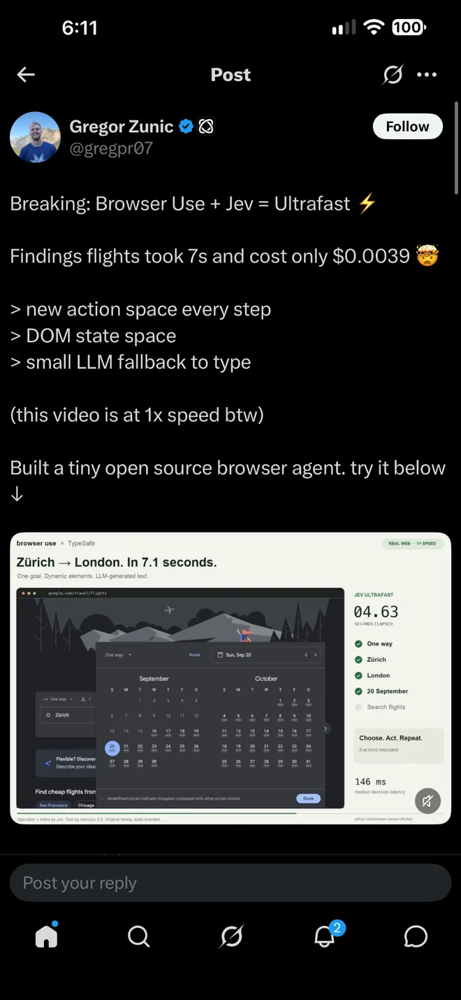 Screenshot of a social post demonstrating a fast Jev-powered browser agent finding a flight