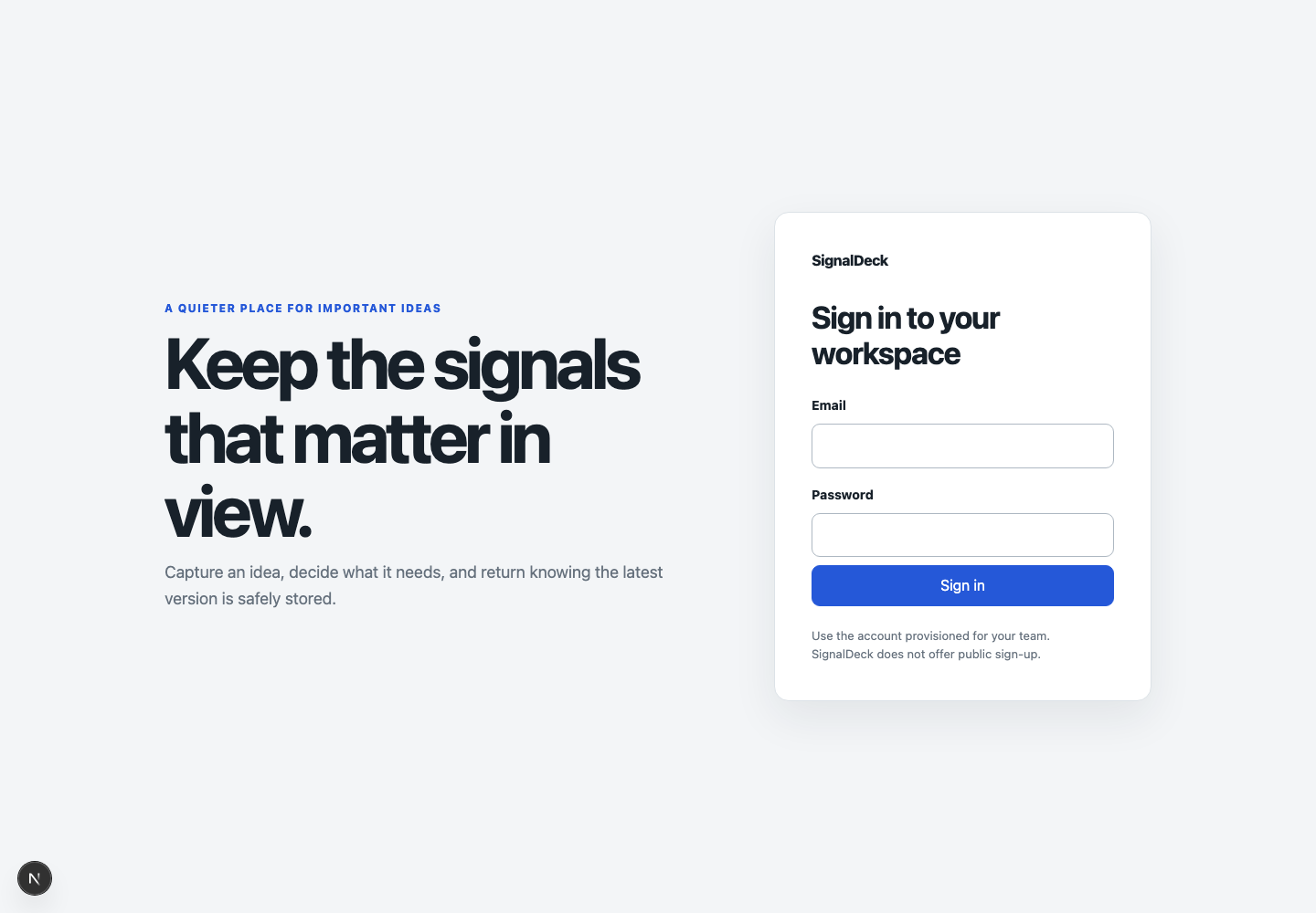 SignalDeck login screen running locally